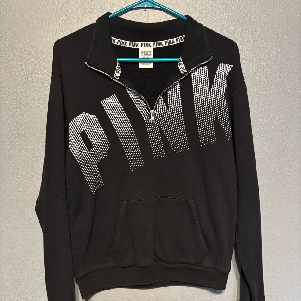 PINK Victoria's Secret Black Half-Zip Sweatshirt with White Logo